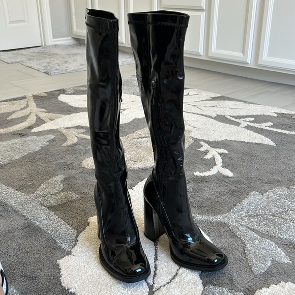 Black Knee High Block Heel Sock Boot - Picture 9 of 15